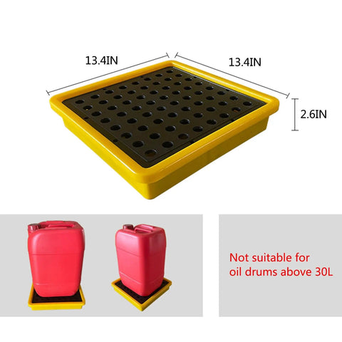 Nestable Oil Drum Spill Pallet With Leak-Proof Tray, 13.4in x 13.4in x 2.6in, yellow, showing oil drum placement.