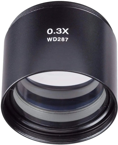0.3X Barlow Lens For Stereo Microscopes With 48mm Mount Delivers Sweet Boost To Working Distance And Field Of View Great For PA 1F 2F 3F 5F 7F 8F 9F Industrial Microscopes. Black 0.3X WD287 lens with 48mm threaded mount