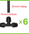 Six Pack Half Inch Drip Irrigation Tee Connectors Barbed Lock Fittings for Half Inch Tubing shown with size details