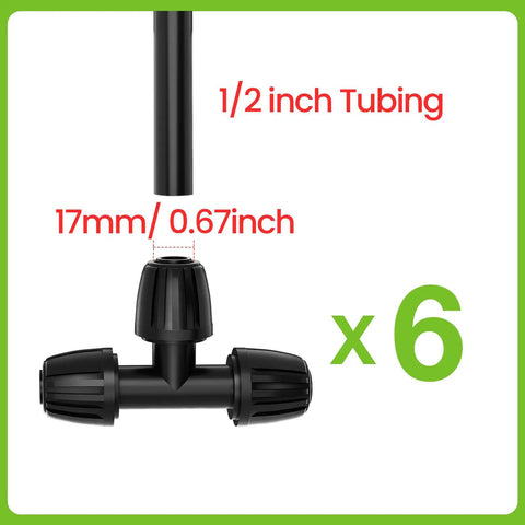 Six Pack Half Inch Drip Irrigation Tee Connectors Barbed Lock Fittings for Half Inch Tubing shown with size details