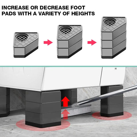 Heavy Duty Washing Machine Anti Vibration Pads With Shock Absorbers showing stackable design and installation under a washer.