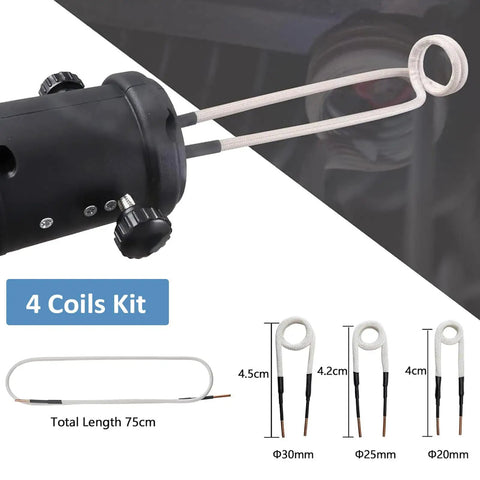 1500W Induction Heater Bolt Removal Tool With Four Copper Coils And Rugged Case To Make Quick Work Of Stubborn Nuts Seized Bearings And Snagged Auto Hardware Without Any Sweat Today, showcasing four coil sizes with total length 75cm.