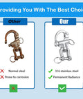 Comparison of 316 stainless steel snap shackle with normal steel, highlighting corrosion resistance for marine use.