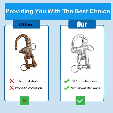 Comparison of 316 stainless steel snap shackle with normal steel, highlighting corrosion resistance for marine use.