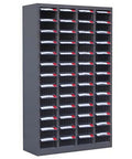 Badass Heavy Duty Metal Parts Cabinet With 52 Smooth Sliding Drawers For Nuts Bolts And Washers Shop Gear Sorting Plus Garage Workspace Rust Resistant Finish, front view with labeled drawers.