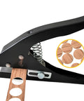 Side view of black Heavy Duty 15mm Single Hole Punch Handheld for Tags Cards and Plastic with built-in spring and scale guide, punching holes in wood strip.