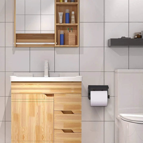 Self Adhesive Or Drilling Toilet Paper Holder With Built In Phone Shelf, Stainless Steel Wall Mounted, black bathroom tissue holder.