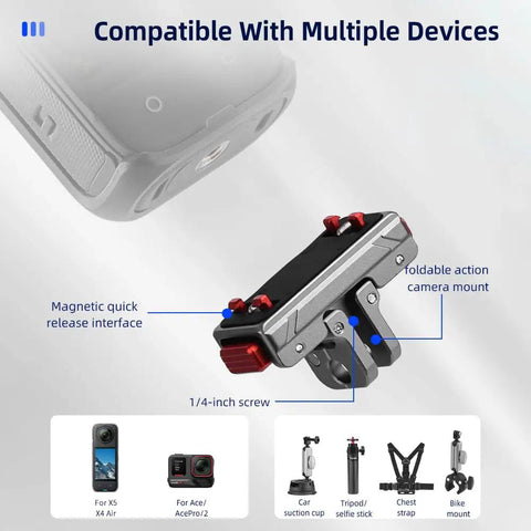 X5 Quick Release Magnetic Base Mount for Action Cameras with aluminum alloy adapter, 1/4" screw, compatible with multiple devices.