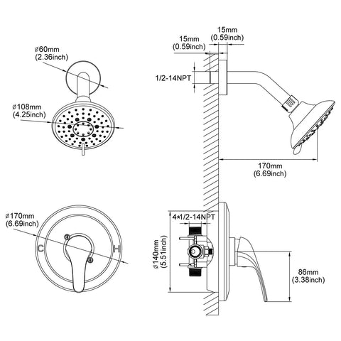 Diagram of Shower Faucet With Valve Single Handle Trim Kit And 5 Spray Modes Shower Head Wall Mounted System dimensions.