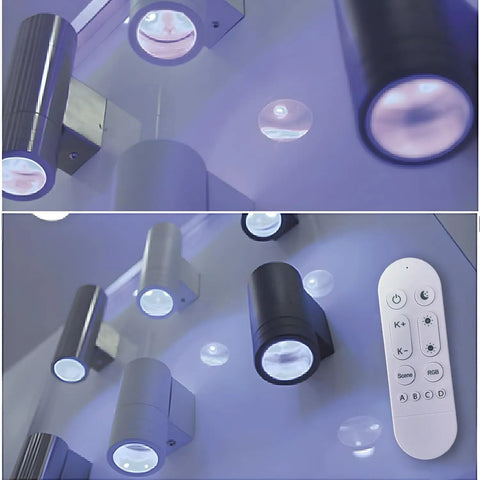 Exterior Double Up Down Outdoor Wall Lights With Remote Control displayed on a wall, showing RGB LED and remote features