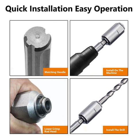 Beefy SDS to SDS Plus Drill Adapter for Rotary Hammers showing matching handle, crimp rod head, installation steps