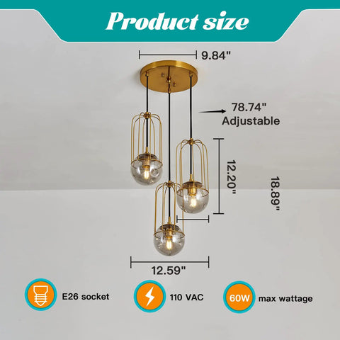 Three Light Mid Century Modern Pendant Light Fixture With Gold Finish Glass Globe And Adjustable Cage Hanging Chandelier dimensions