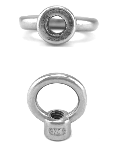 Lifting Eye Nut 10 Pack One Quarter Inch UNC Marine Grade Stainless Steel 316 Beefy Heavy Duty Rigging Gear close-up and bottom view