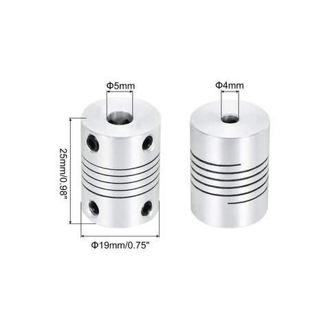 Two Pack 4mm To 5mm Aluminum Shaft Coupling Flexible Coupler Beam 25mm Long 19mm OD For 3D Printers And CNC Machines