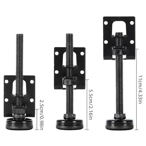 Adjustable Leveling Feet For Furniture Set Of 10 Heavy Duty Leg Levelers with threaded rods and black metal frame, three heights shown