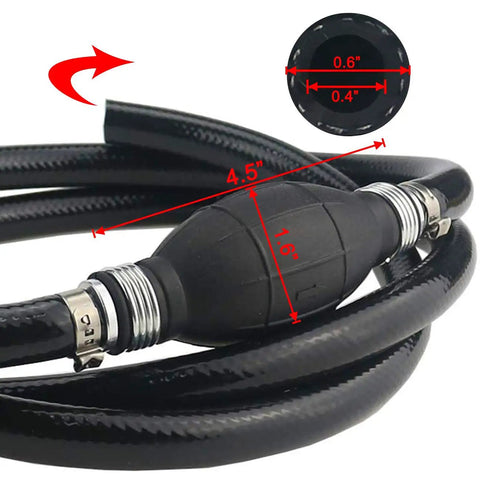 Close-up of Six Foot Universal Fuel Line Kit with 3/8 hose, primer bulb, and steel clamps, showing measurements and dual check valves.