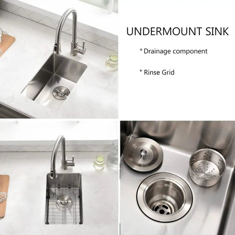 Undermount 10 Inch Bar Prep Sink, 16 Gauge Stainless Steel Single Bowl Kitchen Sink With Strainer And Bottom Grid shown installed