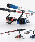 Beginner Friendly Fishing Rod And Reel Combo Kit With Two Telescopic Poles 1.3M And 1.6M Plus Two Spinning Reels, red and blue