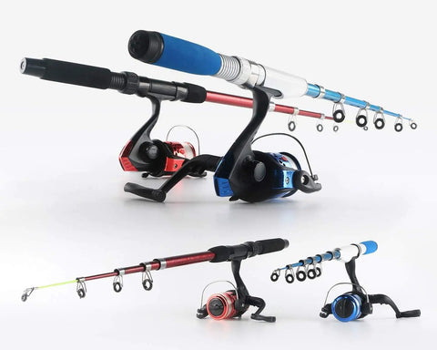 Beginner Friendly Fishing Rod And Reel Combo Kit With Two Telescopic Poles 1.3M And 1.6M Plus Two Spinning Reels, red and blue