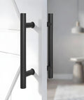 12 Inch Double Sided Push Pull Door Handle Ladder Pull In Matte Black Stainless Steel SUS304 Tough As Nails For Commercial Glass And Residential Wood Barn And Metal Doors, on white door