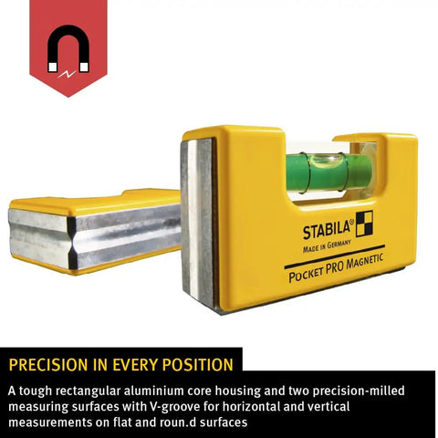 Magnetic Pocket Level Pro for quick on-the-go adjustments with yellow mini aluminum frame and V-groove for precision leveling.