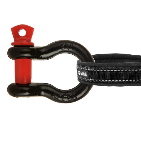 Eight Pack One Half Inch D Ring Shackles, Screw Pin Beefy Heavy Duty Gear For Towing And Off Road Recovery, 2 Ton Working Load Limit And 8 Ton Breaking Strength, Carbon Steel Chain Shackles Clevis Set, close-up of black shackle with red pin connected to strap.