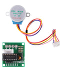 Front view of a 5V 28BYJ-48 stepper motor with ULN2003 driver board and multi-colored wiring.