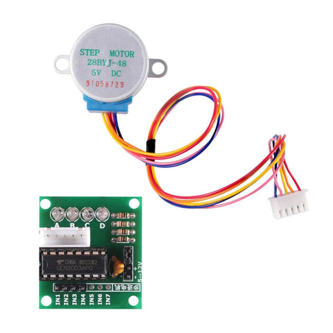 Front view of a 5V 28BYJ-48 stepper motor with ULN2003 driver board and multi-colored wiring.