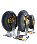 Heavy Duty Eight Inch Caster Packs With Swivel Brakes And Silent Rubber Wheels On Durable Stem Mounts, showcasing three rubber wheels.
