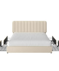 Snag This Premium Full Size Velvet Upholstered Bed Frame With Four Roomy Roll Out Drawers And Cozy Padded Headboard Featuring Rock Solid Wood Slats To End Your Box Spring Shopping Stress Fast, front view with drawers extended.