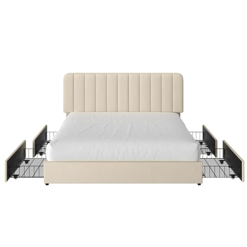 Snag This Premium Full Size Velvet Upholstered Bed Frame With Four Roomy Roll Out Drawers And Cozy Padded Headboard Featuring Rock Solid Wood Slats To End Your Box Spring Shopping Stress Fast, front view with drawers extended.