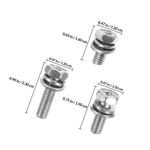 Close-up view of 18 Piece Stainless Steel Hex Bolts And Nuts Set With Washers For Bike Battery Terminals M6 12 16 20mm sizes labeled
