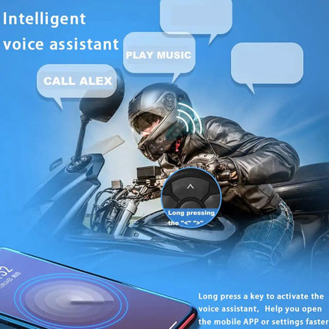 Motorcyclist using Wireless Bluetooth 5.3 Remote Controller For Steering Wheel Car Kit And Bike Motorcycle Phone Control