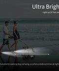 Couple walking dog on beach at night using Two Pack Rechargeable LED Headlamps Waterproof Hands Free Flashlights.