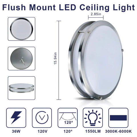 Arcfox 16 Inch 36W LED Flush Mount Ceiling Light With 1550 Lumen Output, brushed nickel finish, product dimensions and details