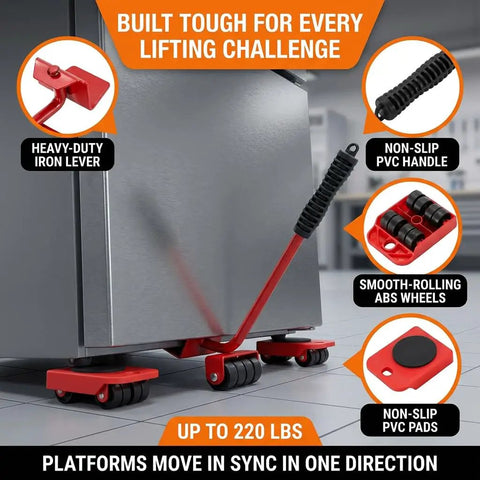 Heavy Duty No Sweat Furniture Lifter Tool Set With Adjustable Height, 4 Wheel Movers Sliders, Lifting Lever And Dolly, Red