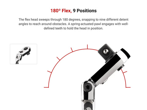 3/8 Inch Drive 12 Inch Flex Head Quick Release Long Ratchet With 180 Degree Flex 9 Detent Angles And 90 Tooth Gear For Tight Spaces And One Hand Use Heavy Duty, showing 180-degree flex head with 9 detent angles
