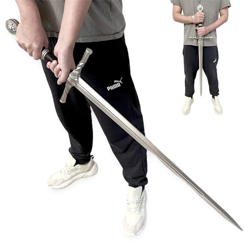 Person holding 41 Inch Medieval Foam Long Sword For Cosplay And LARP Halloween Costume Silver Safe Foam Blade 31 Inch Blade With 7 Inch Guard