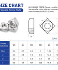 Size chart for Top Grade 304 Stainless Steel Square Nuts Assortment Kit, showing dimensions and specifications for M3 to M10.