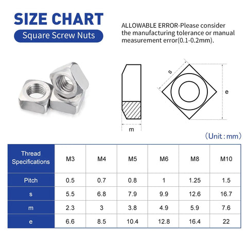 Size chart for Top Grade 304 Stainless Steel Square Nuts Assortment Kit, showing dimensions and specifications for M3 to M10.