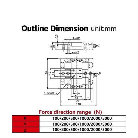 Technical diagram of Pro Grade 3 Axis Load Cell and Torque Sensor For Precise Torque Readings From 5 To 100 Newtons with 6 axis sensing.