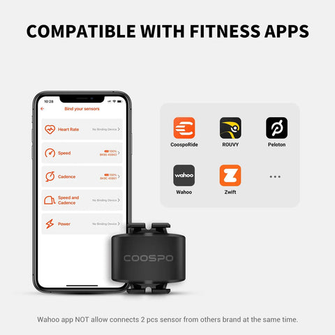 Smartphone with fitness apps and Cadence Sensor BK9C With Bluetooth 5.0 And ANT Plus For Real Time RPM Data To Boost Your Ride.