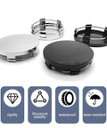 Easy Snap On Wheel Center Caps 4 Pack ABS Hub Covers OD 56 MM ID 60 MM Universal black and silver hub covers on display.