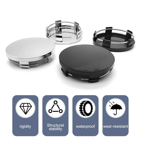 Easy Snap On Wheel Center Caps 4 Pack ABS Hub Covers OD 56 MM ID 60 MM Universal black and silver hub covers on display.