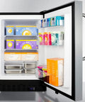 Game Changer Undercounter All Freezer With Stainless Steel Finish And Slick Towel Handle Roomy Door Racks Adjustable Thermostat Quick Defrost Fits Like A Glove In Small Rooms with open door showcasing organized storage.