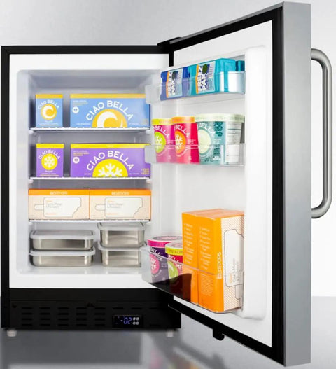 Game Changer Undercounter All Freezer With Stainless Steel Finish And Slick Towel Handle Roomy Door Racks Adjustable Thermostat Quick Defrost Fits Like A Glove In Small Rooms with open door showcasing organized storage.