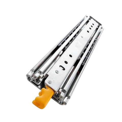 Close-up of 44 Inch Side Mount Full Extension Drawer Slides Pair With Lock, Quick Release Latches For Easy Tool Free Install.