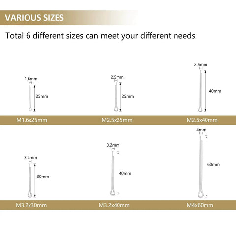 Diagram of 120 Piece Cotter Pins Assortment Kit 304 Stainless Steel 6 Sizes M1.6x25 M2.5x25 M2.5x40 M3.2x30 M3.2x40 M4x60 Durable For DIY Automotive Equipment Kindroufly.