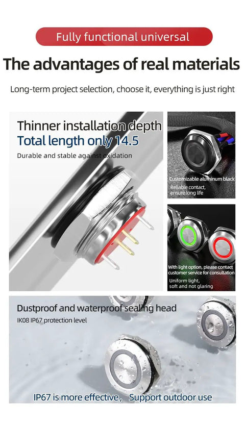 12mm Momentary Push Button Switch IP67 Waterproof Stainless Steel Blue LED Illuminated 1NO highlighted features