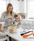 Woman using Stainless Steel Food Mill With Three Milling Discs, Hand Crank Rotary Action, Silicone Handle, for mashed potatoes